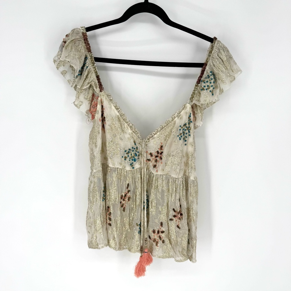 Free People Cream shimmery Floral Embroidered Blouse